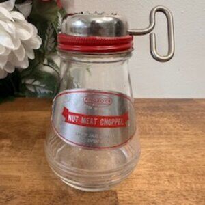 Vintage‎ Androck Nut Meat Chopper – Red Metal Lid with Crank – Glass Jar Made in
